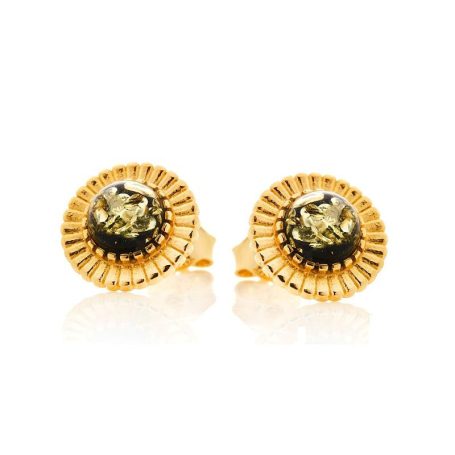 Pendientes Sol con Ámbar Verde en Plata 925 Dorada