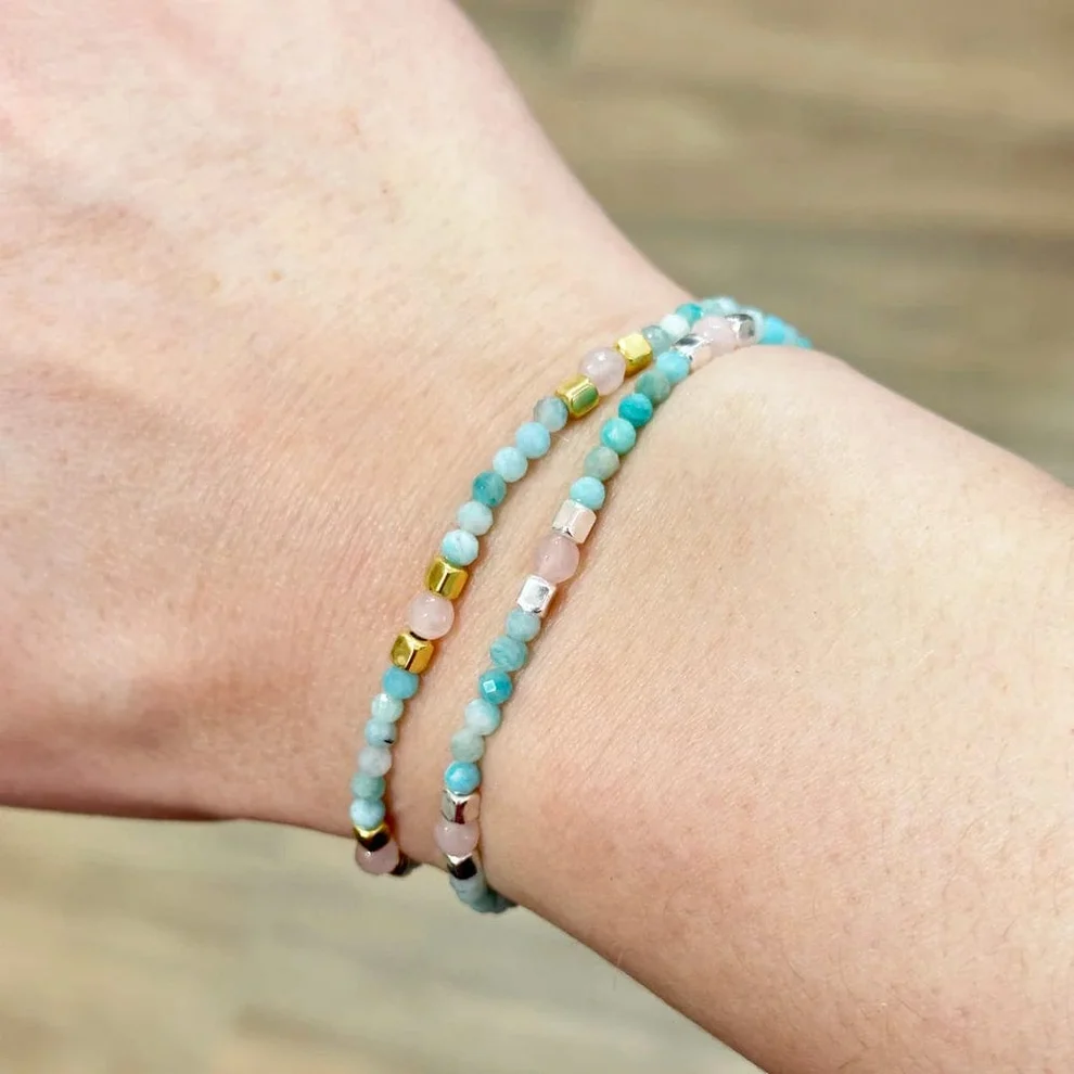 Pulseras de amazonita y cuarzo rosa en plata 925 y baño de oro