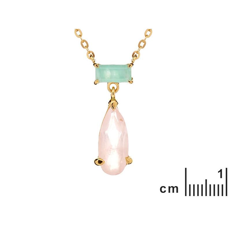 Collar de amazonita y cuarzo rosa junto a una escala de 1 cm